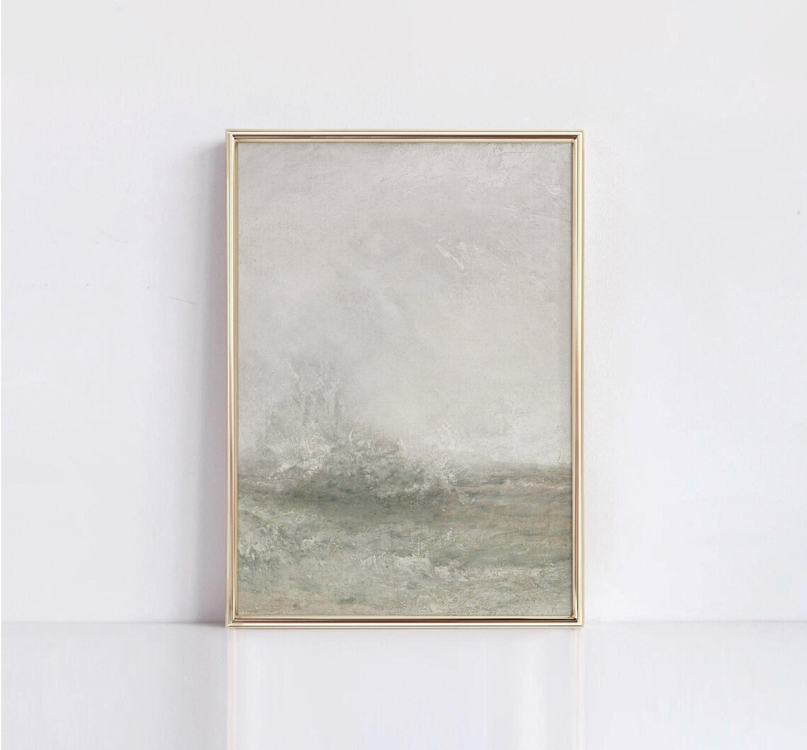 Crashing Waves Vintage Abstract Painting, Neutral Green Art - Image 3