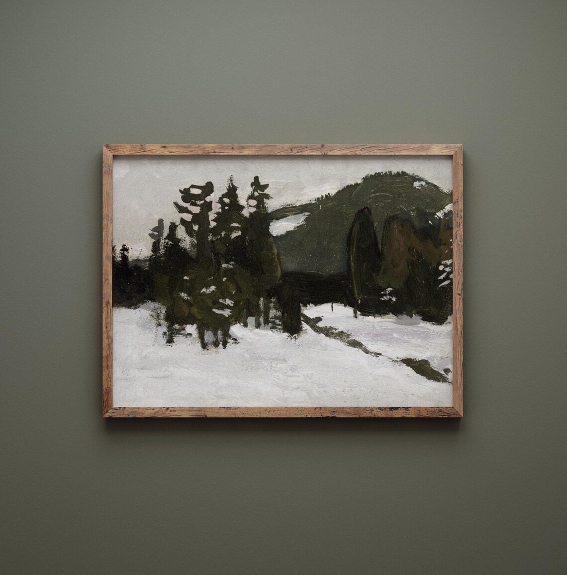 Snowy Evergreen Forest Mountain Vintage Winter Nature Painting Poster - Image 3
