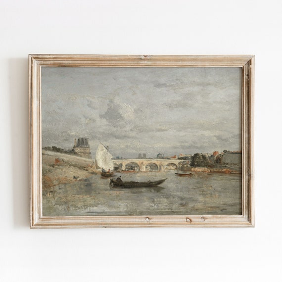 Le Pont Royal Vintage Parisian River Painting Muted City Artwork 657