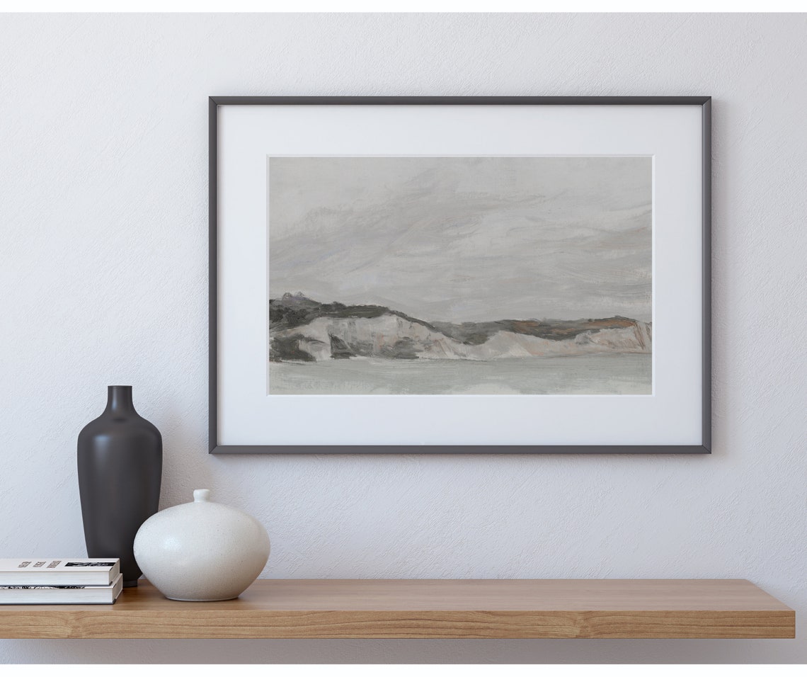 Grey Minimal Coastal Scene White Chalk Cliffs Calm Sea Horizon Poster - Image 3