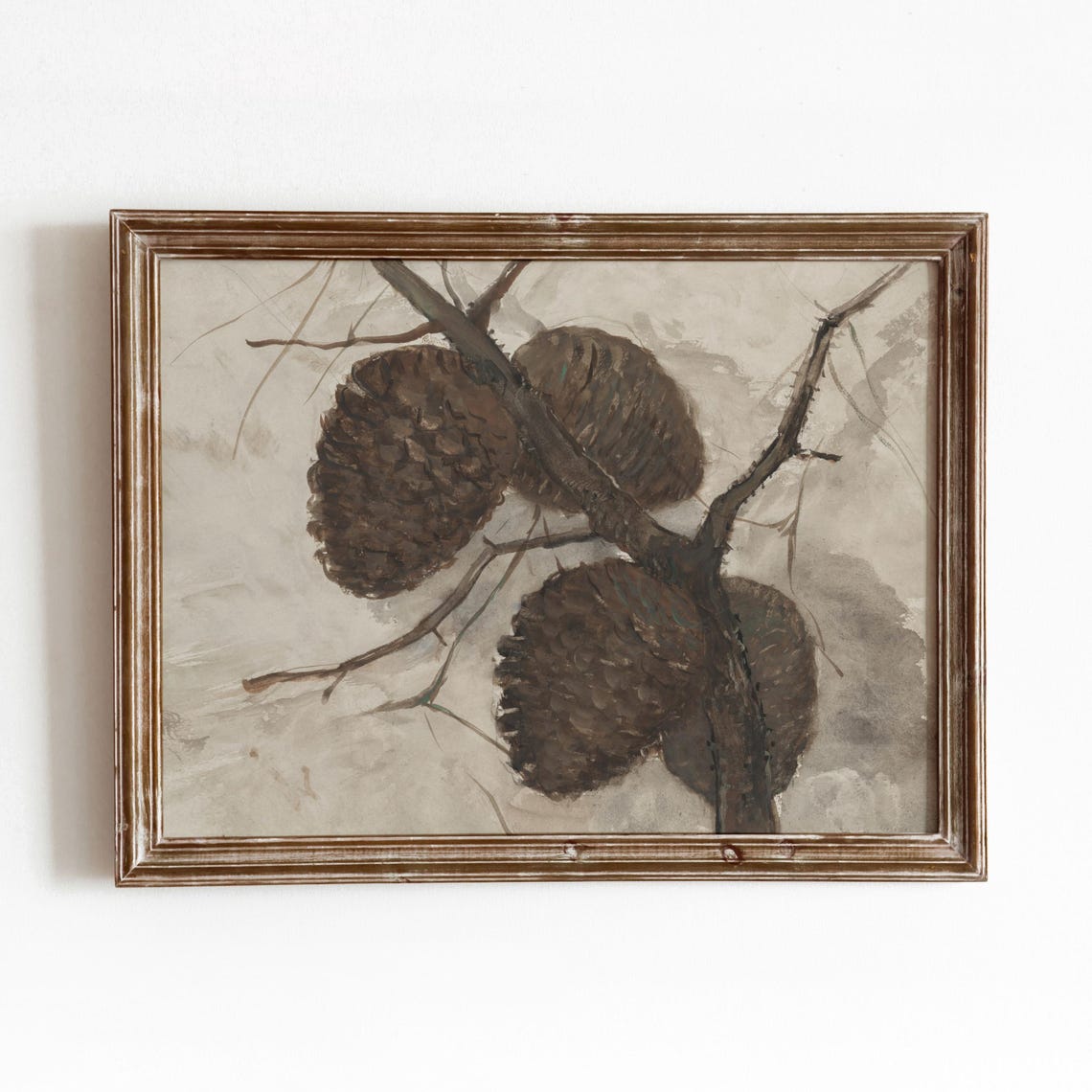 Brown Pine Cones On Branch Beige Watercolor Botanical Minimal Wall Art
