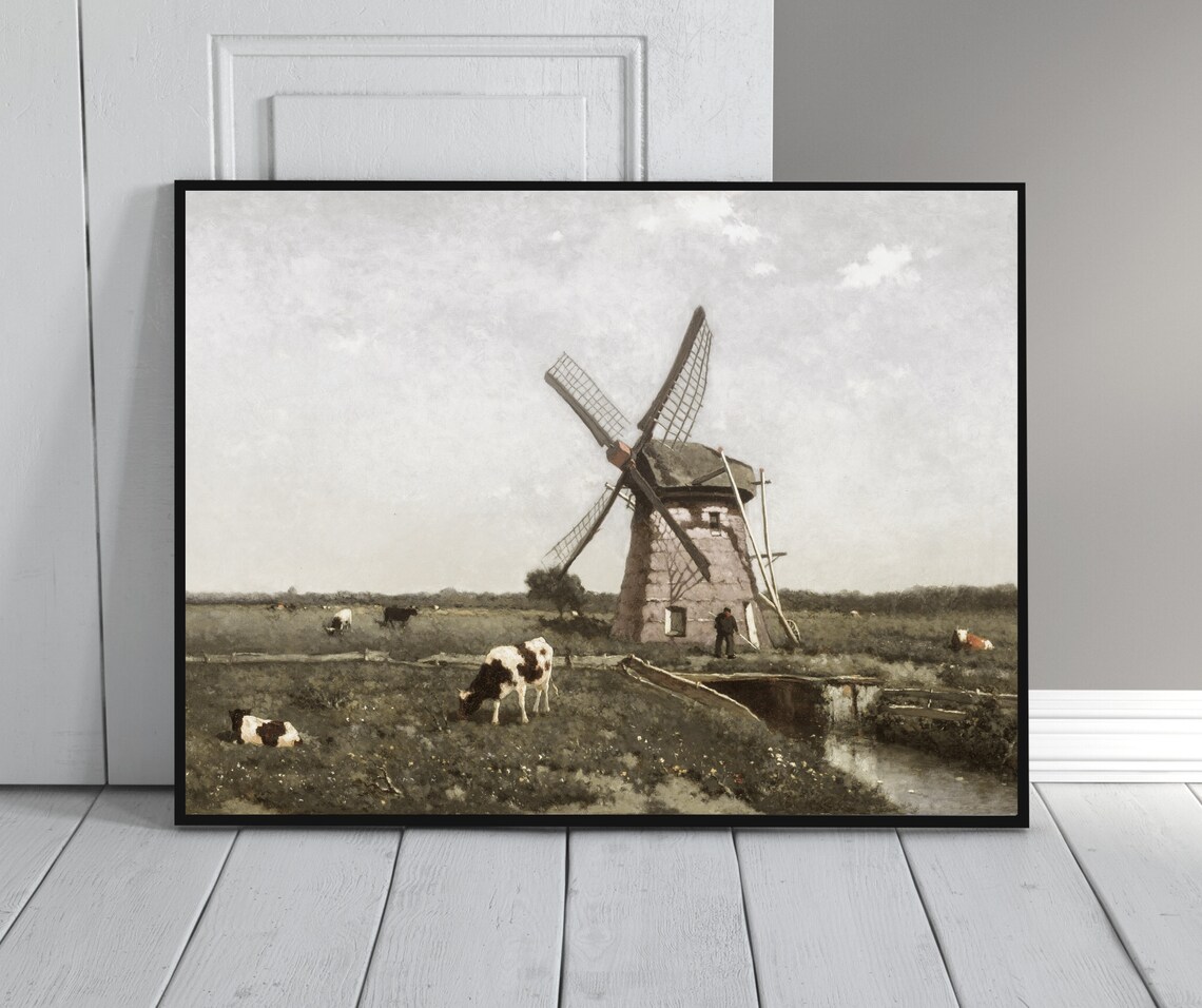 Windmill Cows Vintage Dutch Landscape Art Print - Image 3