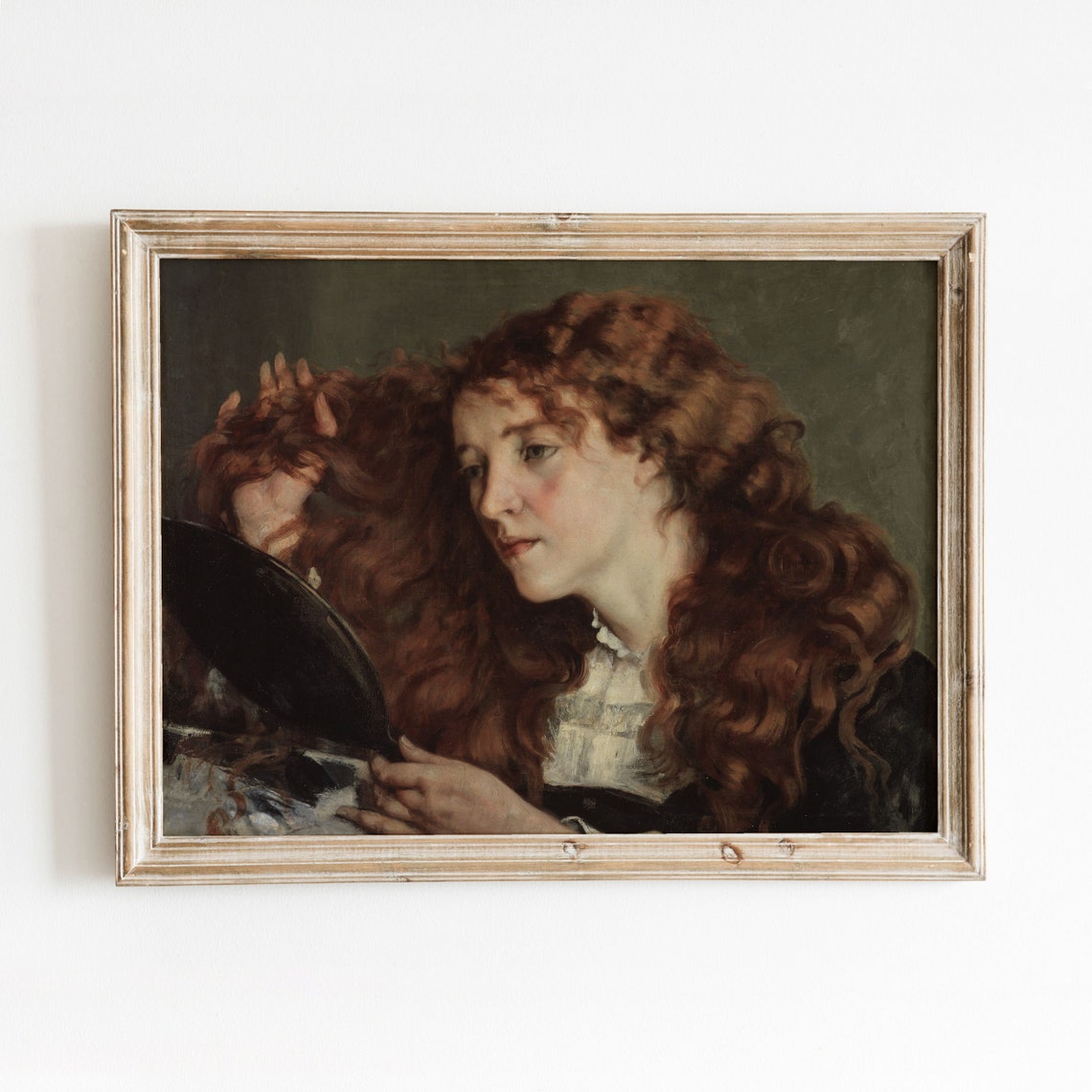Redhead Woman Gazing Into Hand Mirror Long Copper Curls Portrait Print