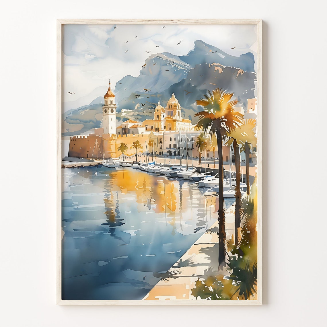 Alicante Spain Harbour Castle Church Palm Trees Watercolor Poster