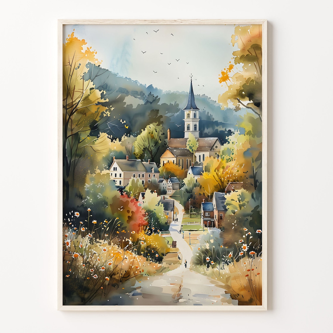 Connecticut Autumn Village Church Steeple Flowers Watercolor Poster