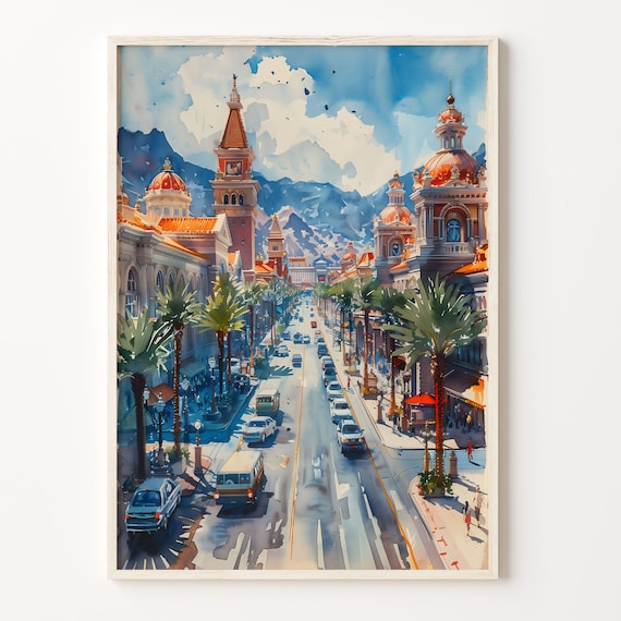 Las Vegas Strip Watercolor Poster Palm Boulevard Casino Domes Peaks