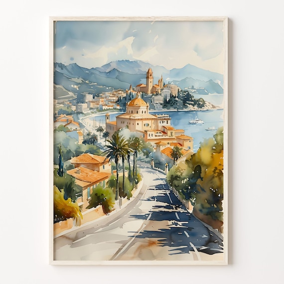 Cannes French Riviera Hillside Town Harbor View Watercolor Print