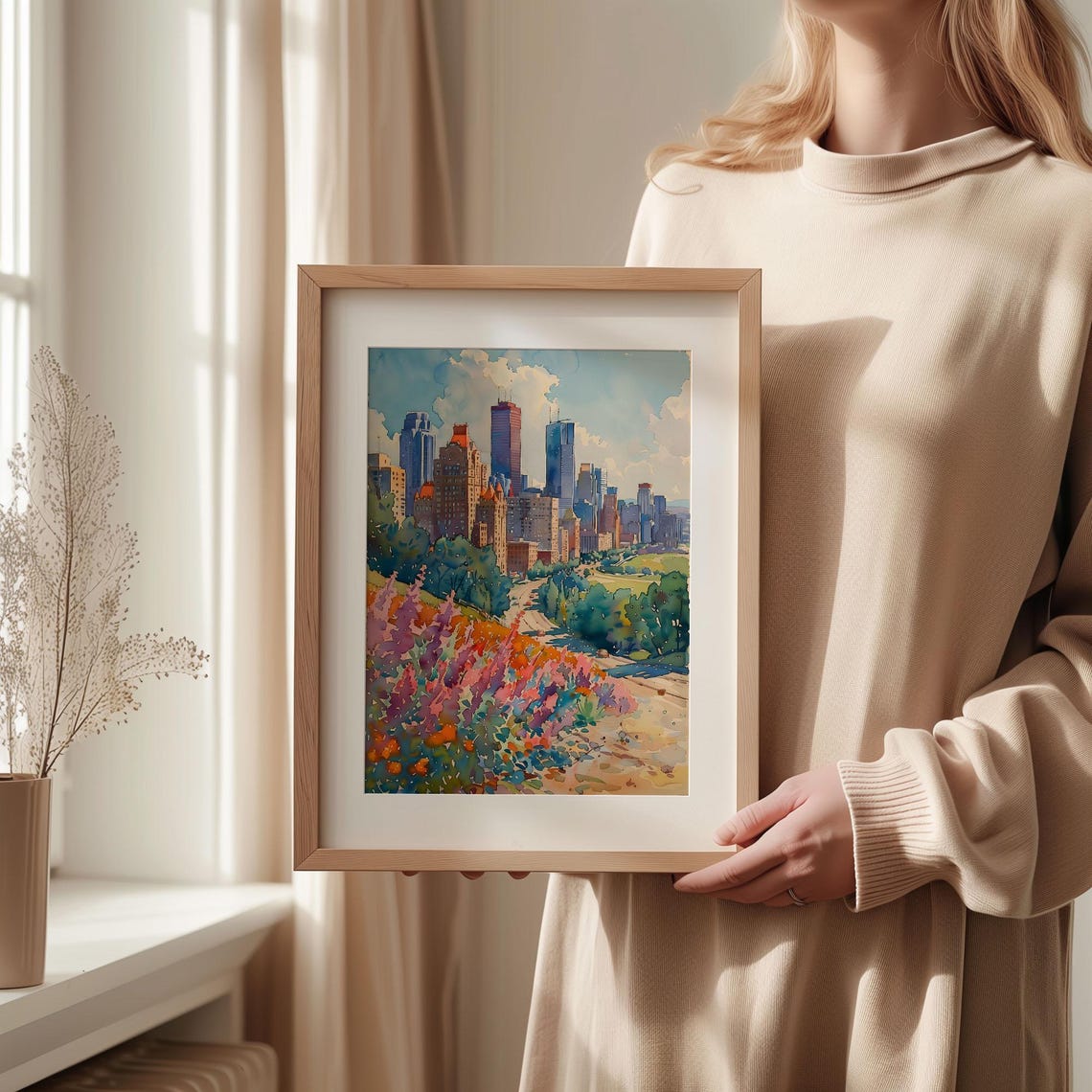 Calgary Canada City Skyline Wildflower Watercolor Painting Poster - Image 2