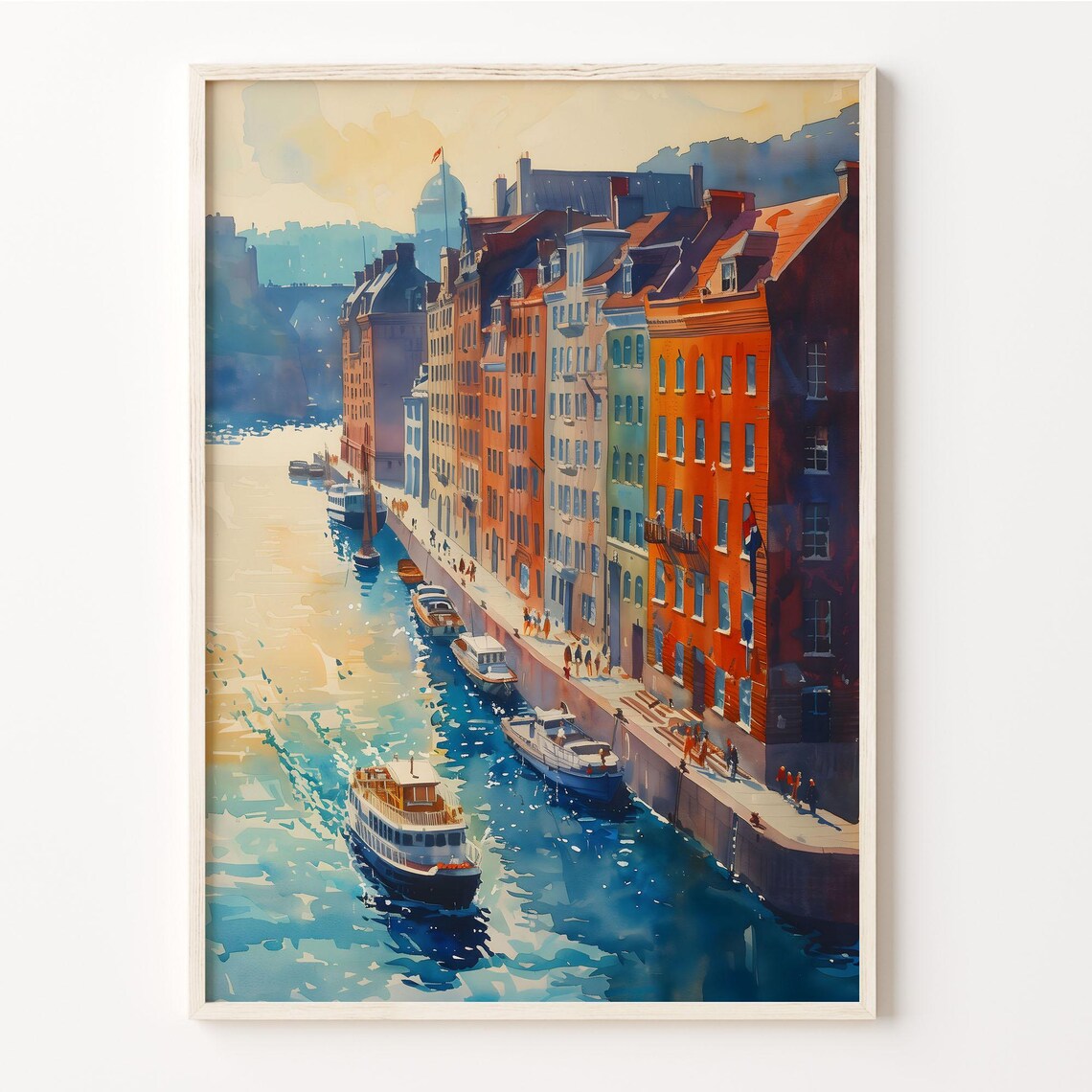 Boston Massachusetts Waterfront Harbor Boats Watercolor Travel Poster