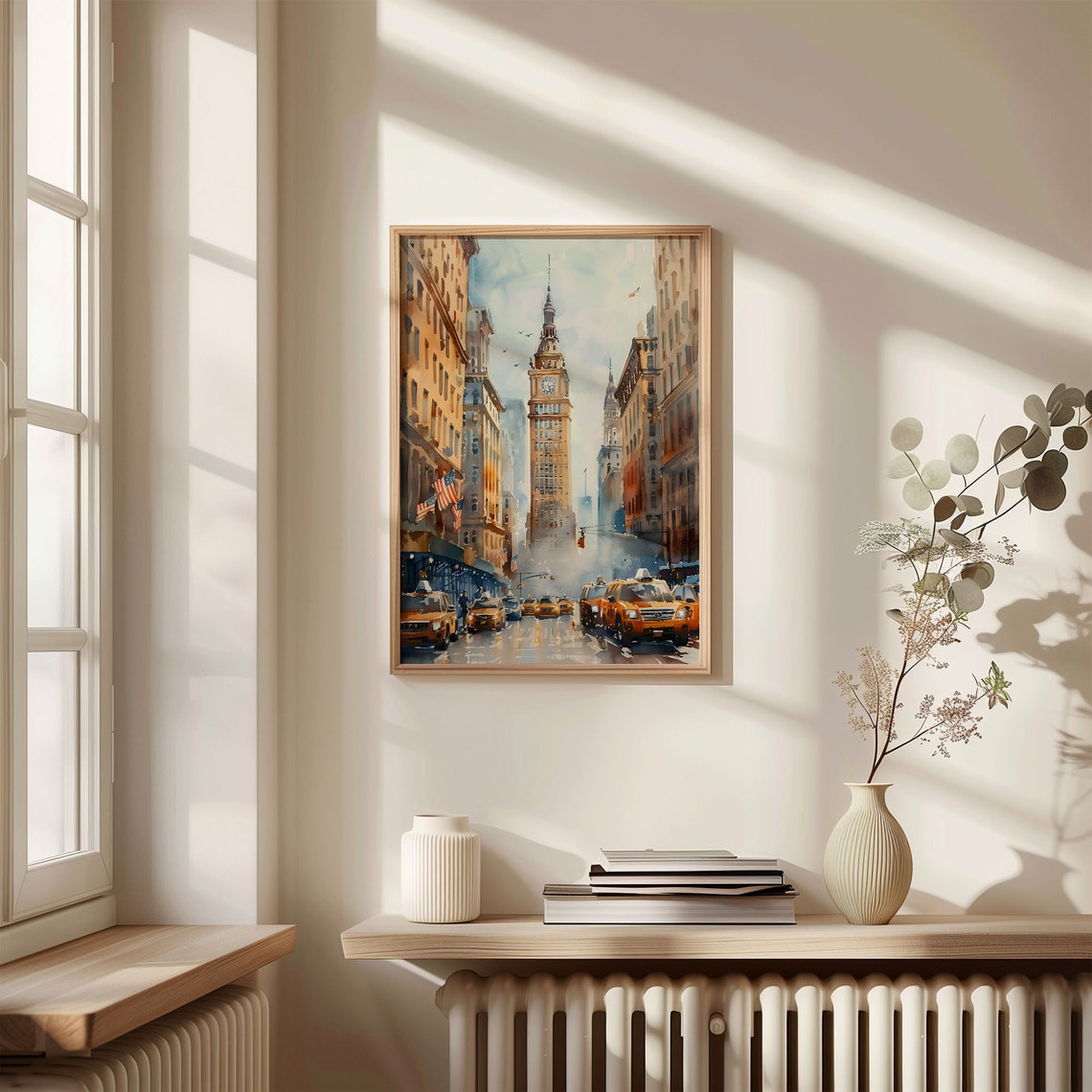 New York City Clock Tower Avenue Yellow Cabs Watercolor Travel Poster - Image 4