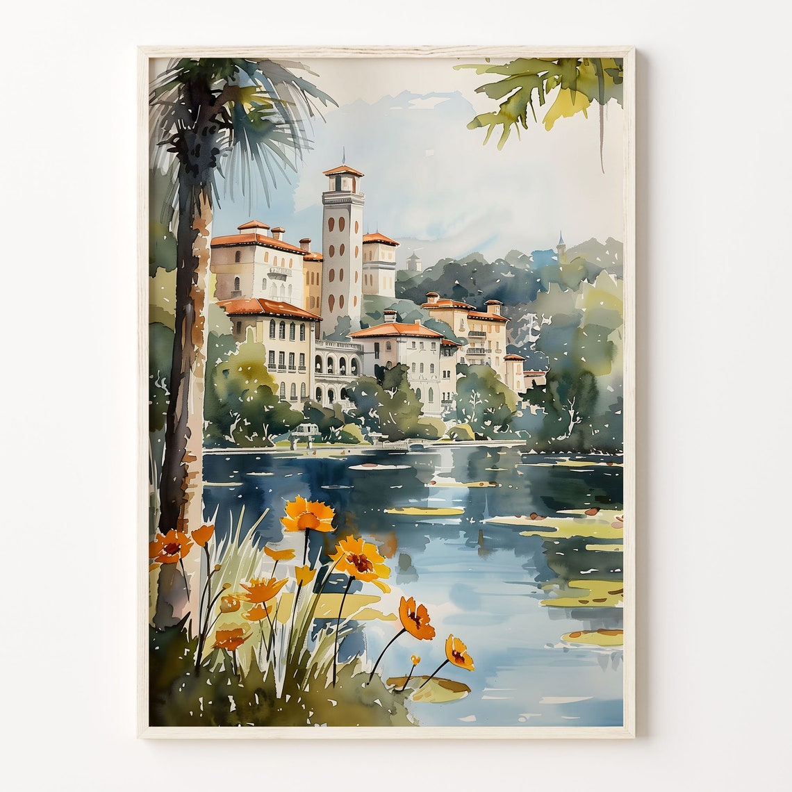 Orlando Florida Watercolor Poster Mediterranean Villa Lakeside Palms