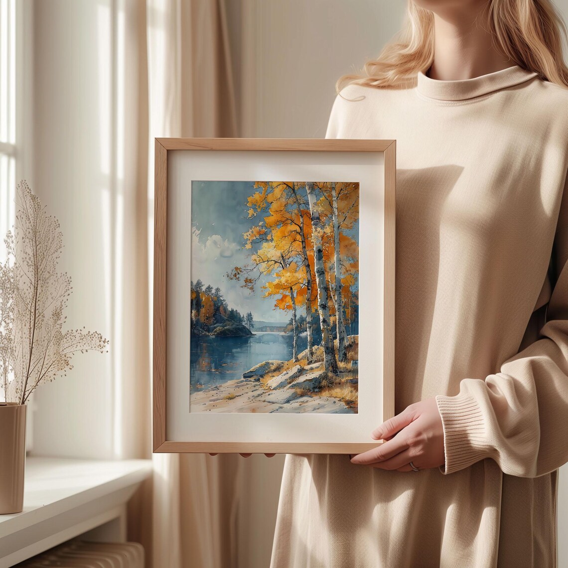 Finland Autumn Golden Birch Trees Calm Lakeside Watercolor Poster - Image 2