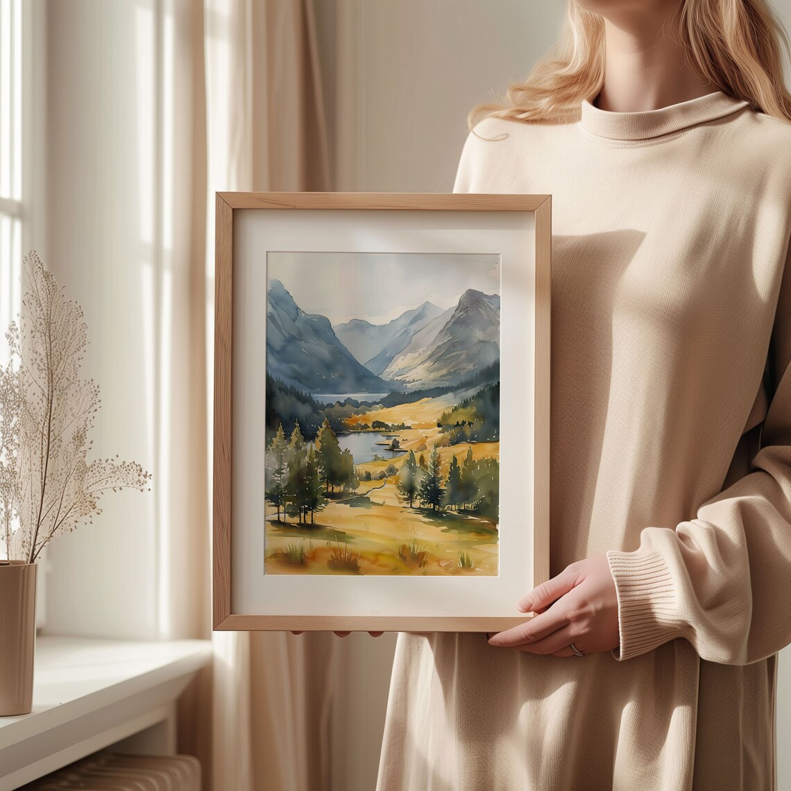 Lake District Helvellyn Golden Meadow Lake Watercolor Landscape Poster - Image 2