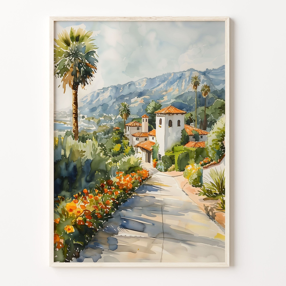 Santa Barbara Watercolor Landscape Poster, Mid-Century
