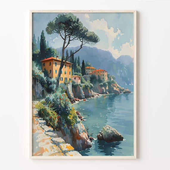 Italy Coast Watercolor Painting Travel Poster