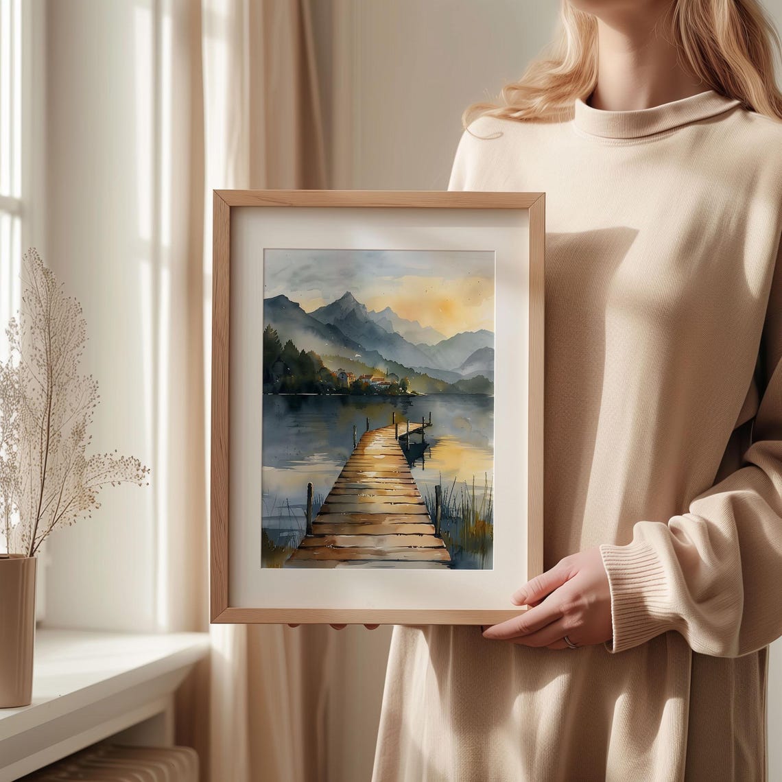 Windermere Lake District Sunset Wooden Jetty Watercolor Travel Poster - Image 2