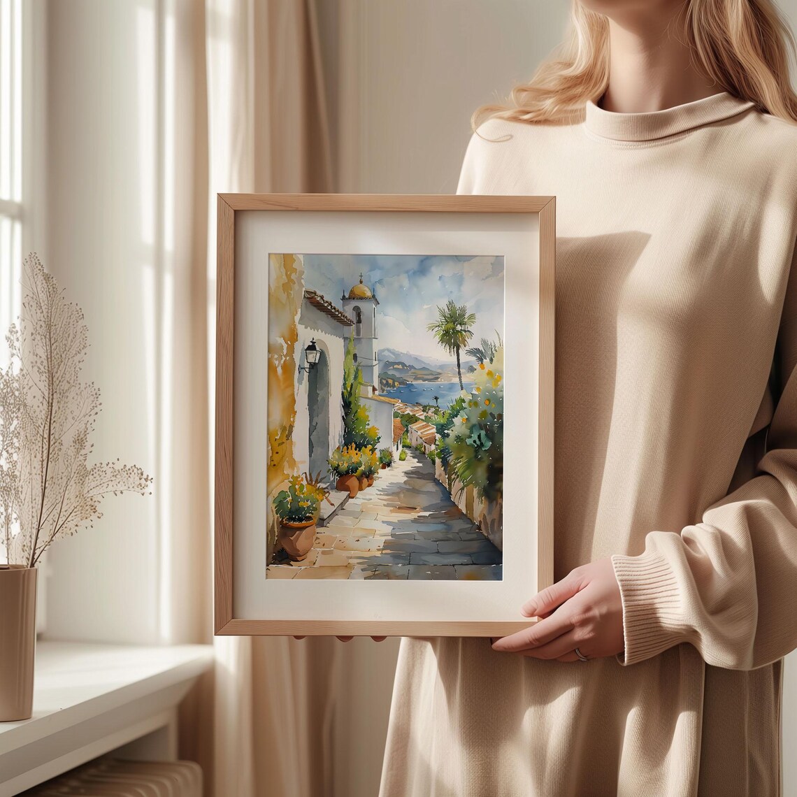 Albufeira Portugal Whitewashed Alley Church Sea View Watercolor Poster - Image 2
