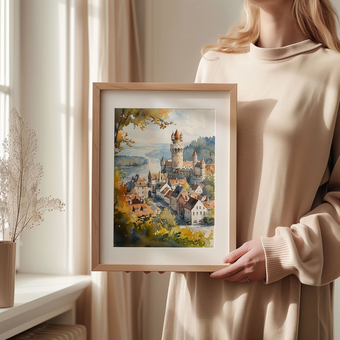 European Castle Riverside Old Town Red Roofs Watercolor Poster - Image 2