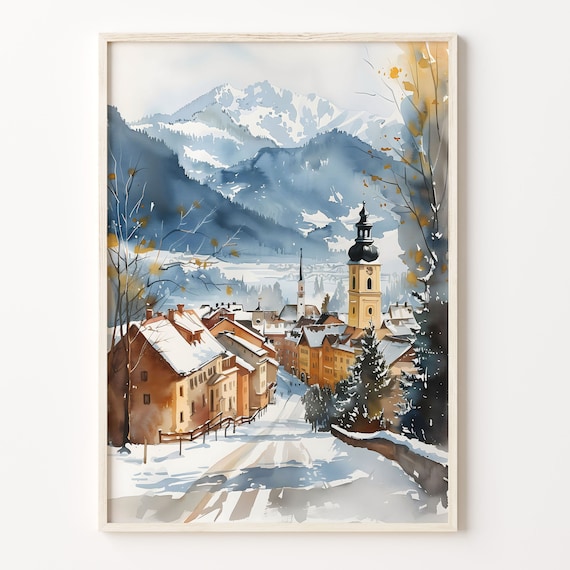 Kitzbuhel Austria Snowy Ski Resort Village Watercolor Winter Poster