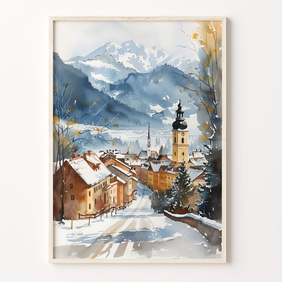 Kitzbuhel Watercolor Painting Austria Ski Resort Wall Art Winter Sports Poster Skiing Enthusiast Print C30 339