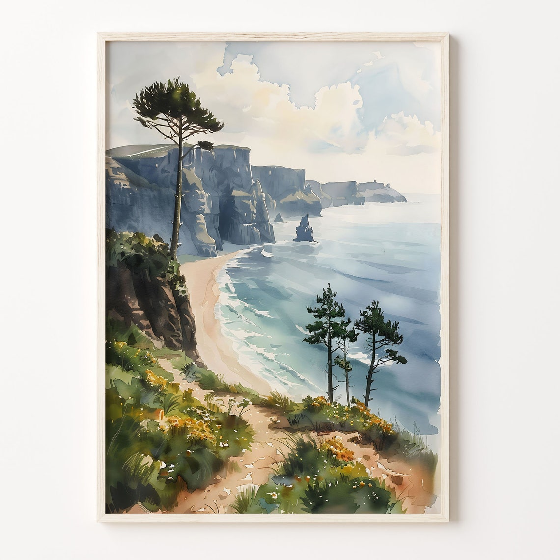 Ireland Sea Cliffs Dramatic Coastal Pine Trees Watercolor Poster