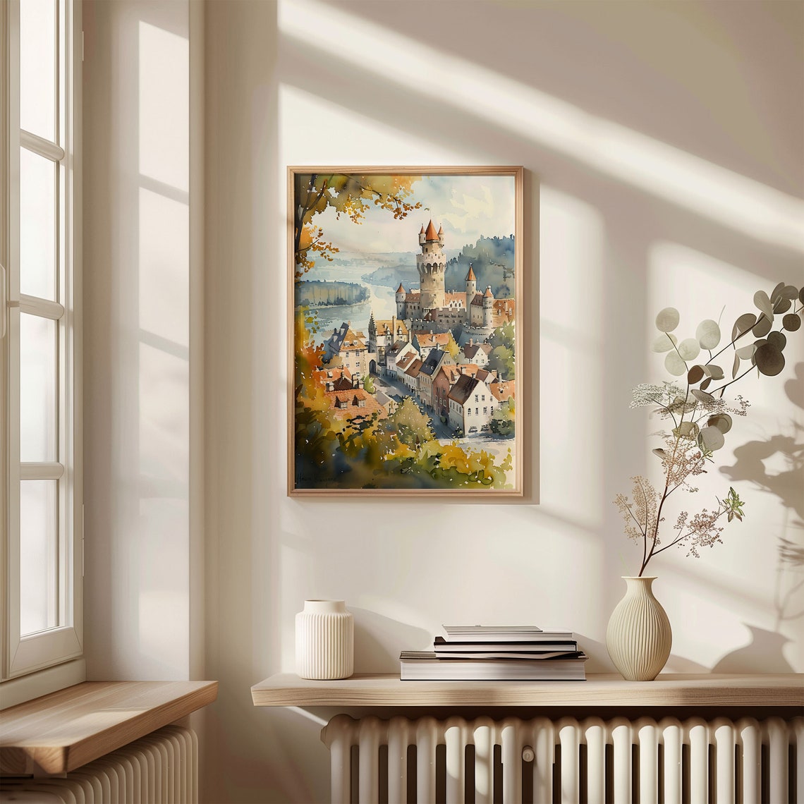 European Castle Riverside Old Town Red Roofs Watercolor Poster - Image 4