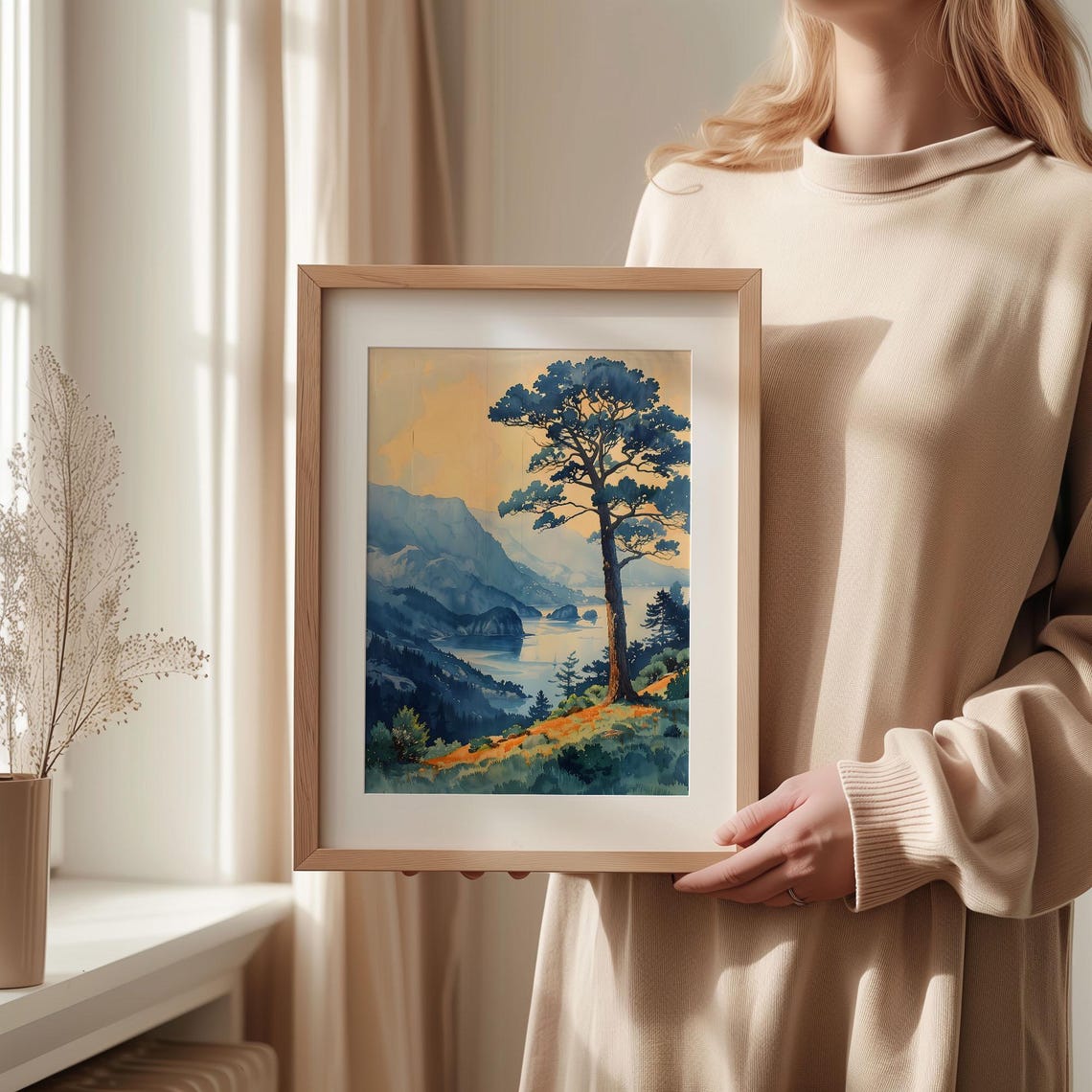 Mount Tamalpais California Sunset Bay Pine Tree Watercolor Poster - Image 2