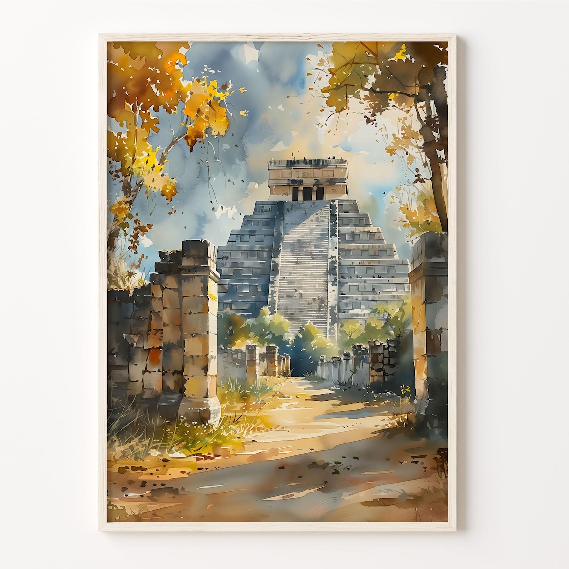Chichen Itza Watercolor Travel Poster, Mexico Art Print