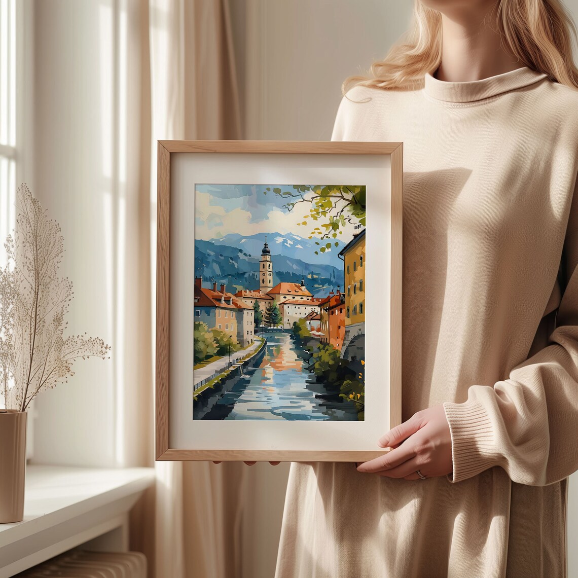 Ljubljana Watercolor Poster Castle Hill River Church Tower Sunshine - Image 2