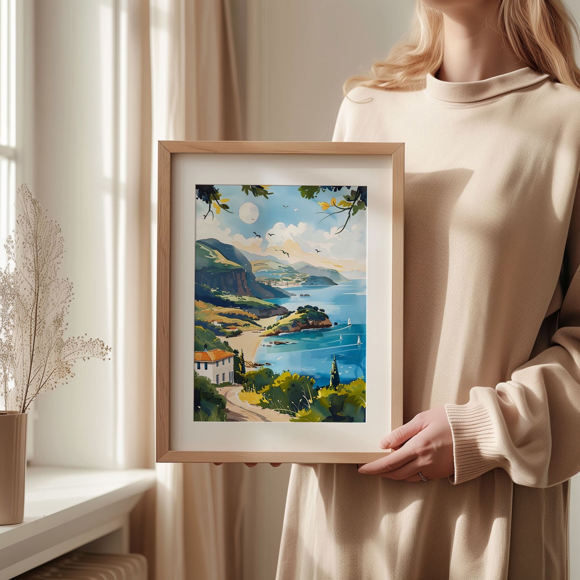 Olu Deniz Turkey Turquoise Bay Mountain Framed Watercolor Print - Image 2