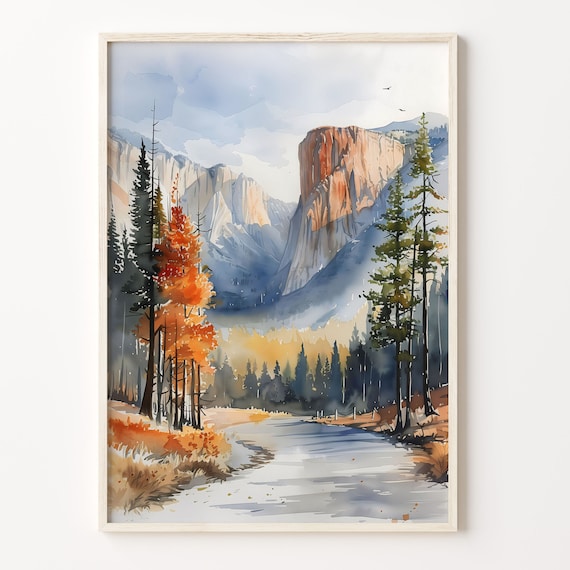 Yosemite National Park Granite Cliffs Autumn River Watercolor Poster