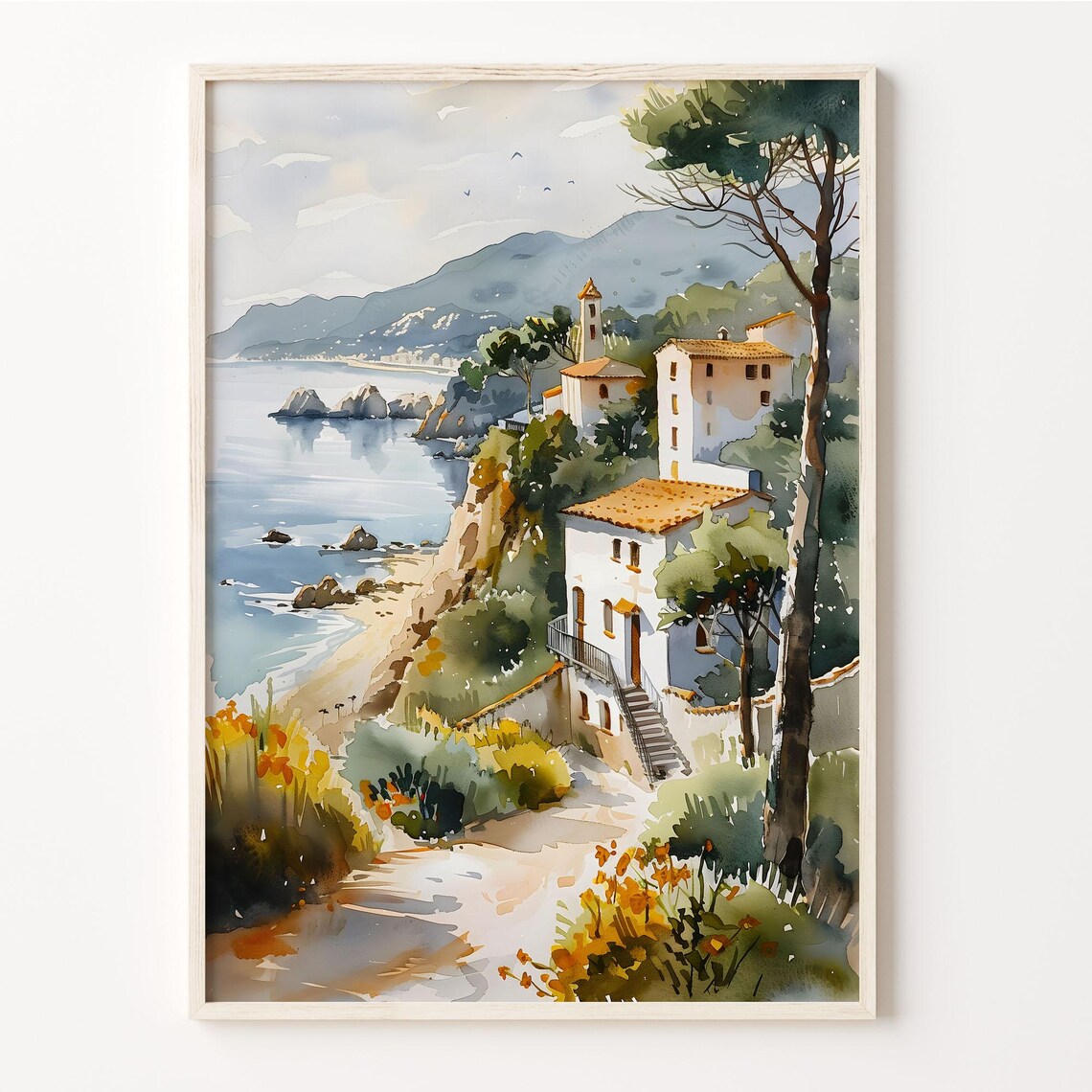 Costa Brava Spain Coastal Cove Village Watercolor Painting Poster