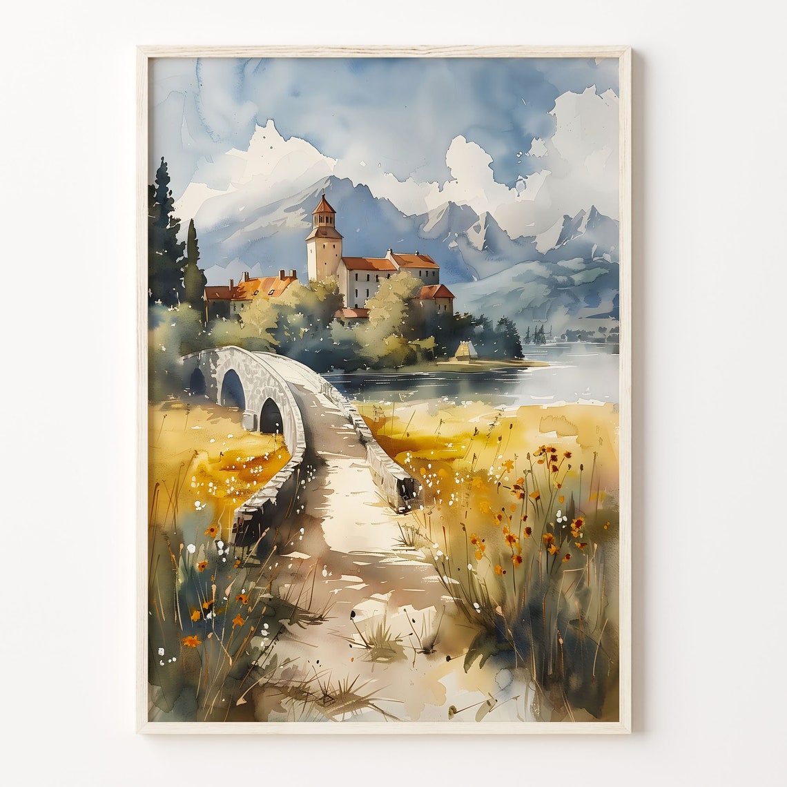 Scottish Highland Castle Stone Bridge River Watercolor Poster