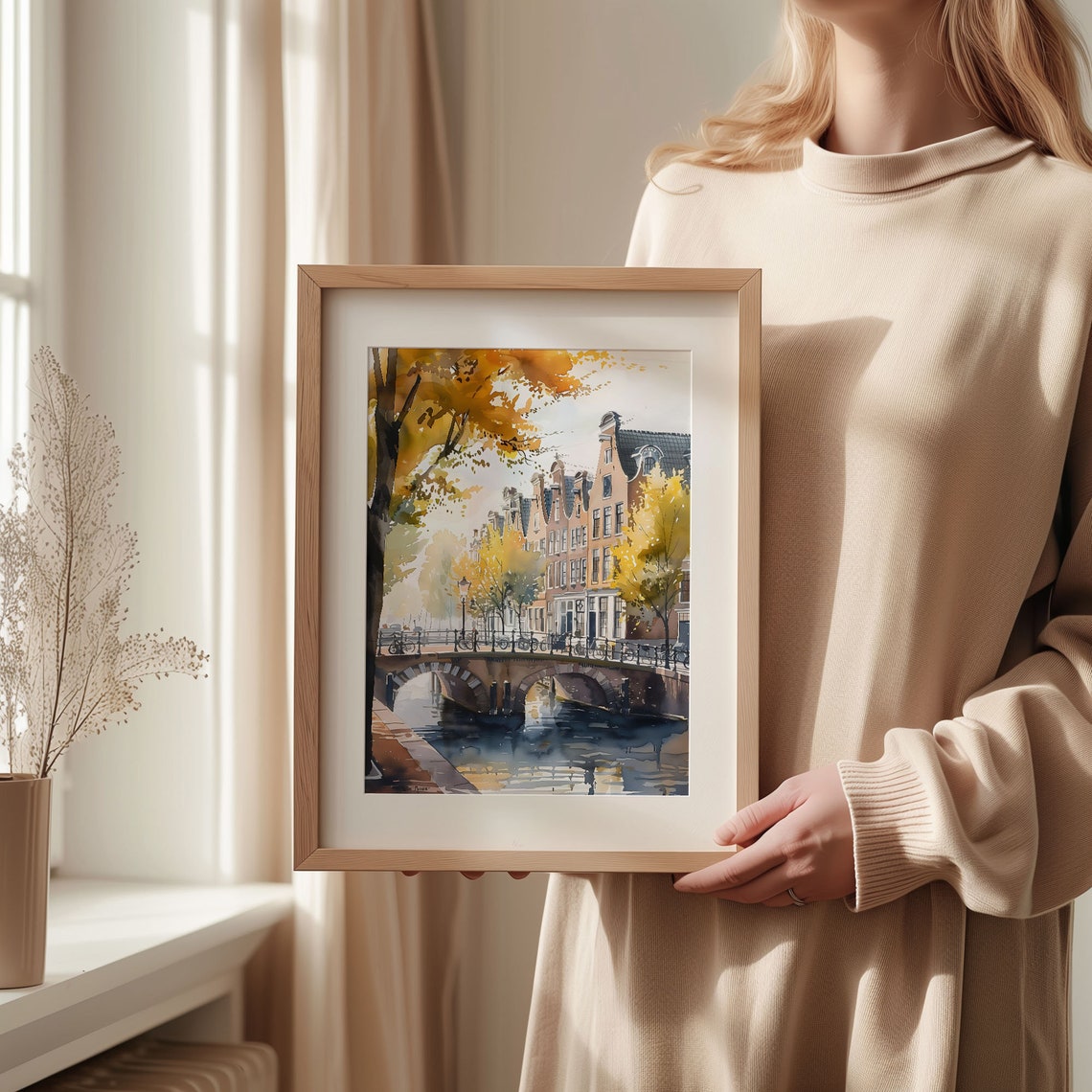Amsterdam Canal Arched Bridge Gabled Houses Autumn Watercolor Poster - Image 2