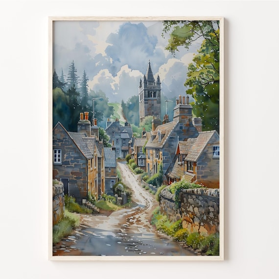 Stirling Scotland Stone Village Lane Church Tower Cottages Watercolor Poster