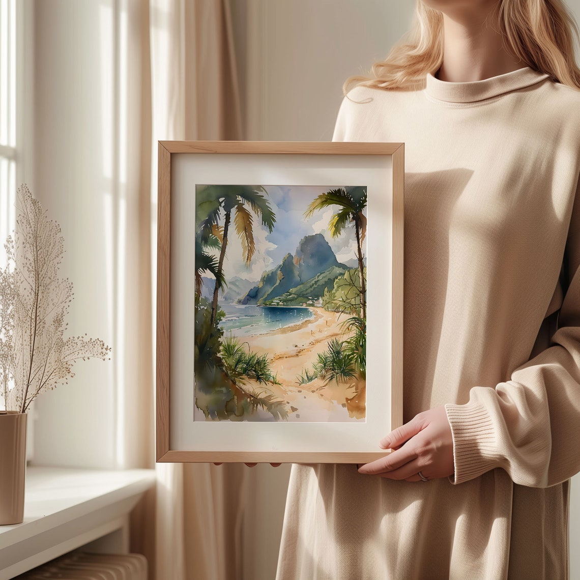 Saint Lucia Pitons Tropical Beach Palm Trees Watercolor Poster - Image 2