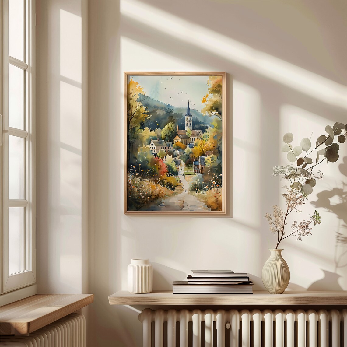 Connecticut Autumn Village Church Steeple Flowers Watercolor Poster - Image 4