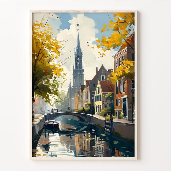 Delft Watercolor Art Print, Netherlands Travel Poster