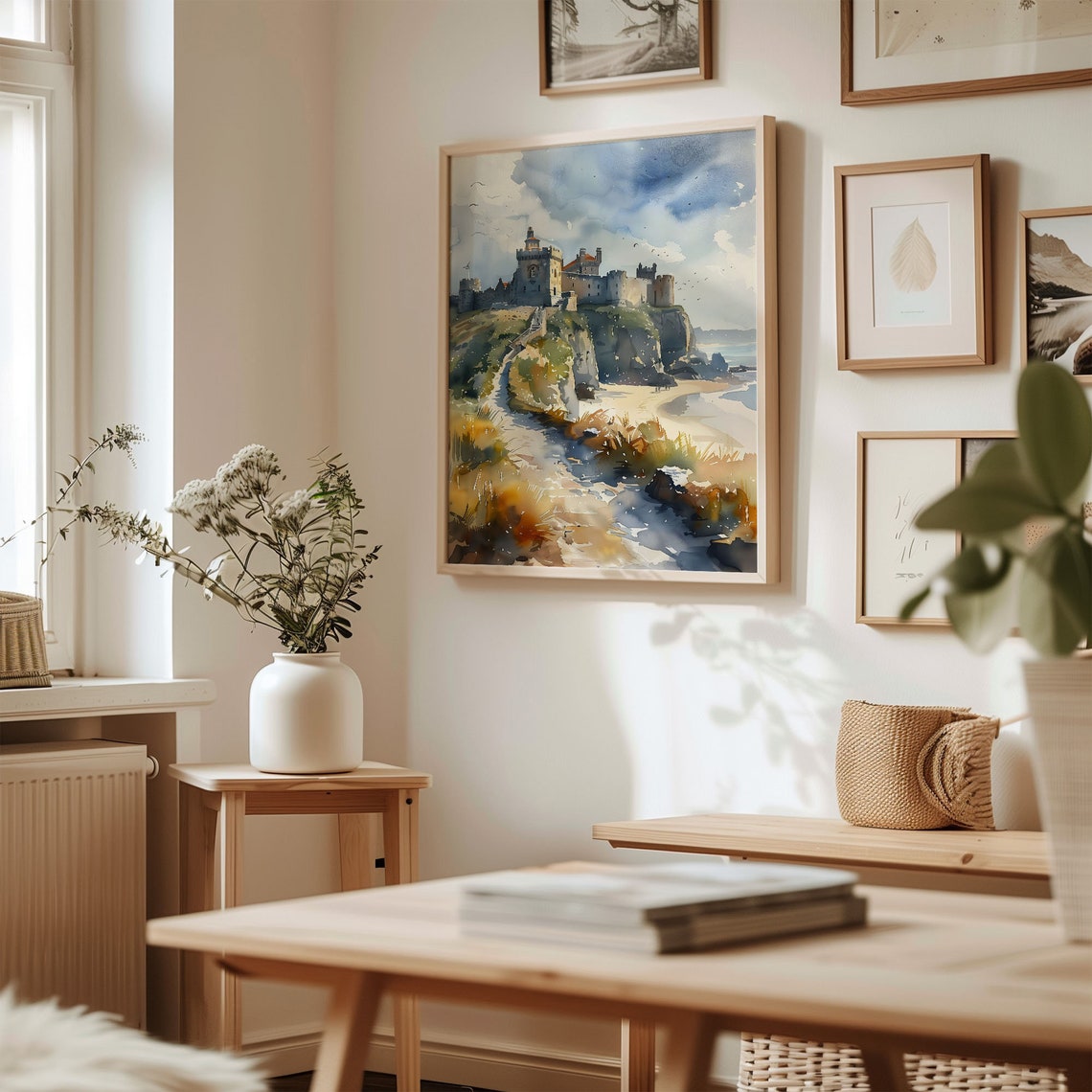 Bamburgh Castle Watercolor Poster Cliff Fortress Beach Golden Sand - Image 3