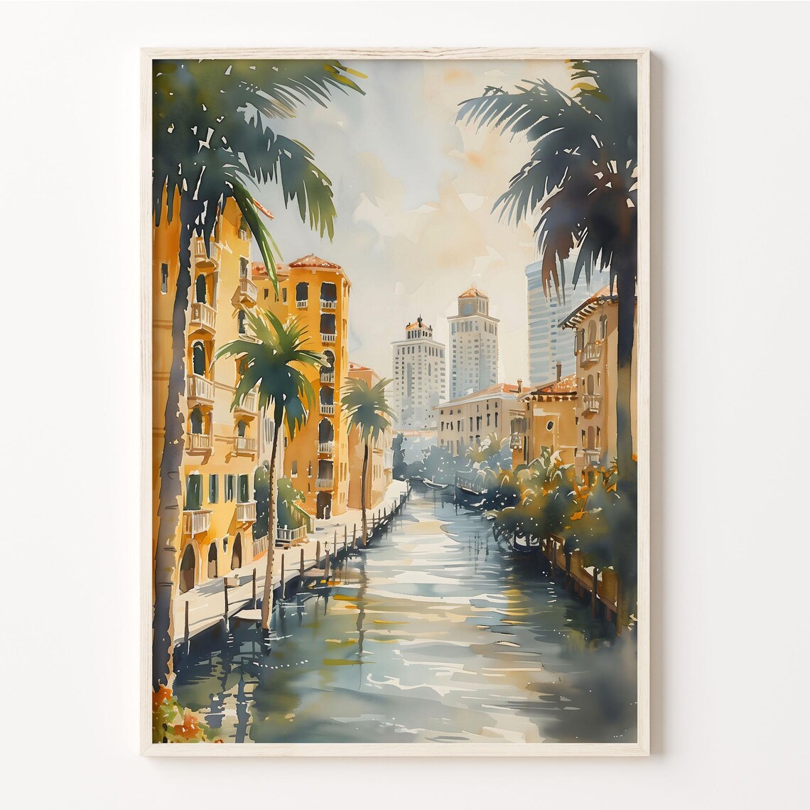Miami Florida Canal Palm Trees Downtown Skyline Watercolor Travel Poster