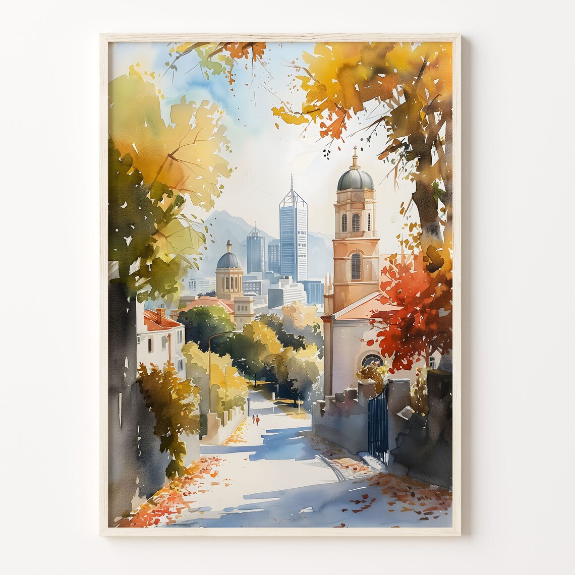 Perth Australia City Skyline Autumn Church Watercolor Poster