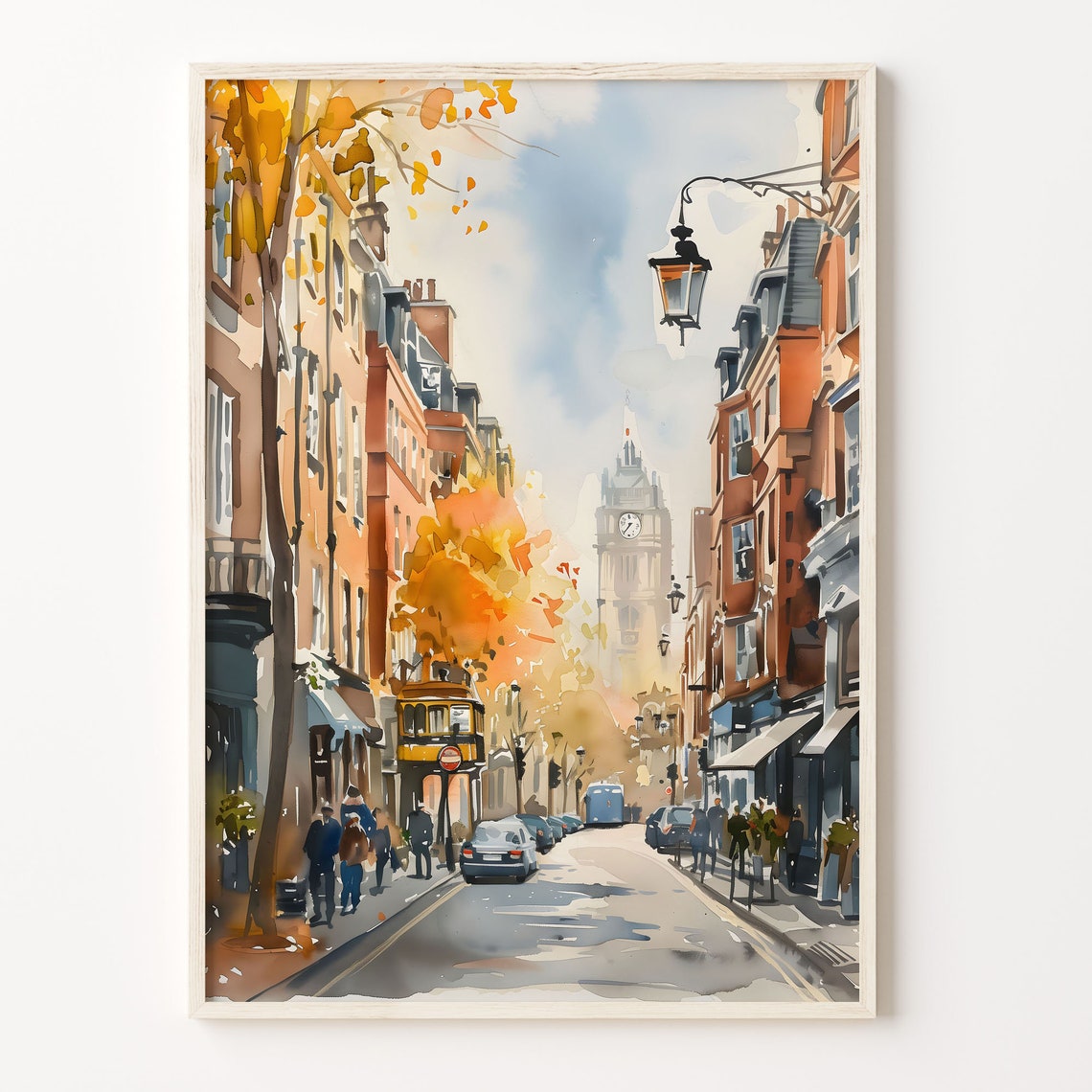 London Soho Street Big Ben Clock Tower Autumn Watercolor Poster