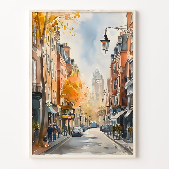 London Soho Street Big Ben Clock Tower Autumn Watercolor Poster