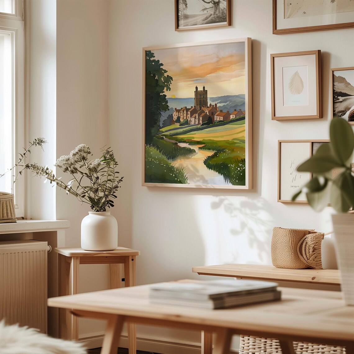 Yorkshire Abbey Ruins Sunset Meadow Golden Watercolor Travel Poster - Image 3