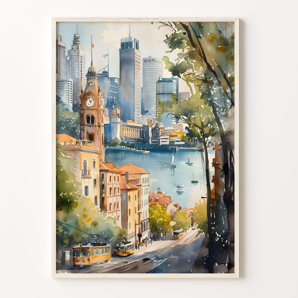 San Francisco Cable Cars Hill Street Harbor Watercolor Poster