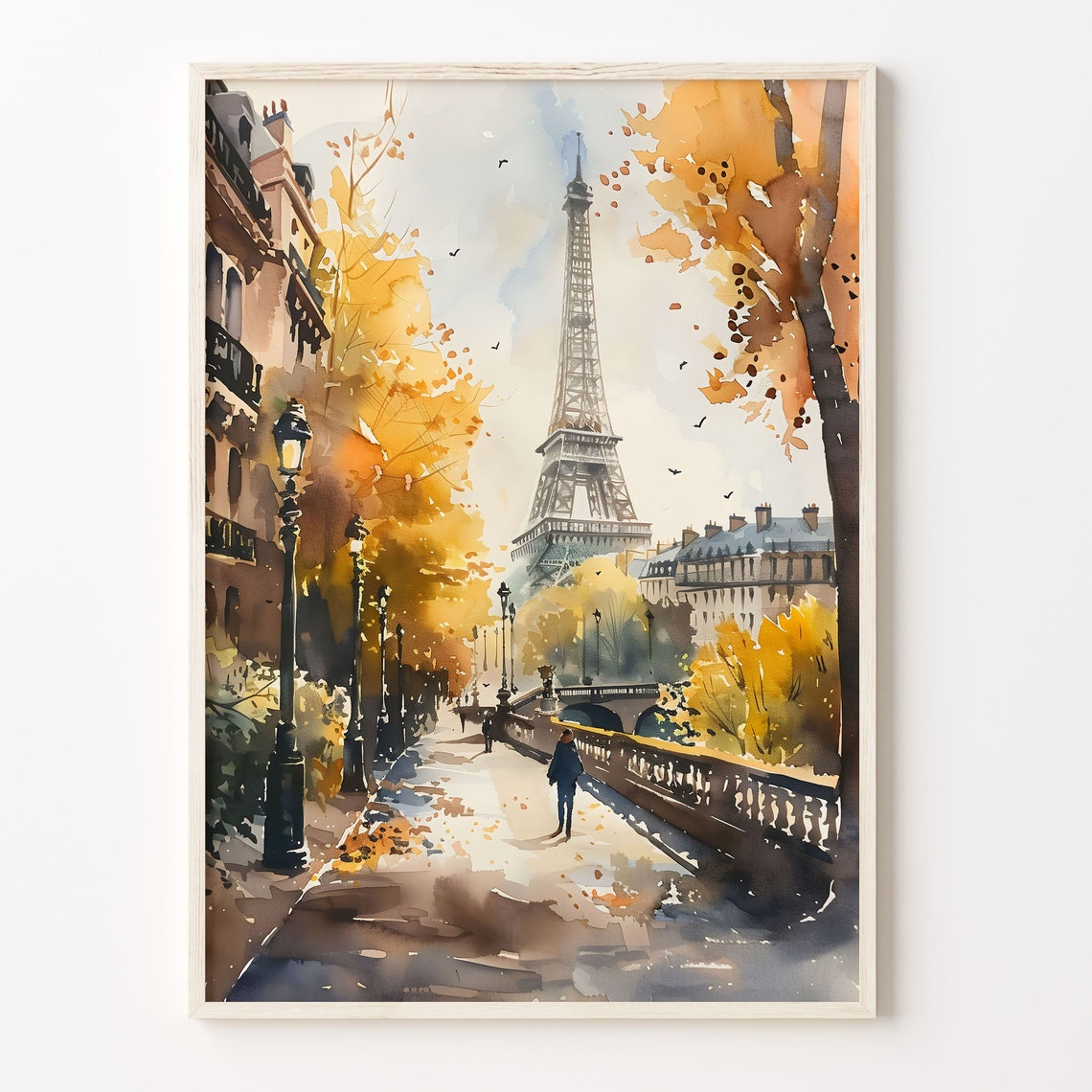 Paris Eiffel Tower Watercolor Poster Autumn Bridge Lampposts Stroll