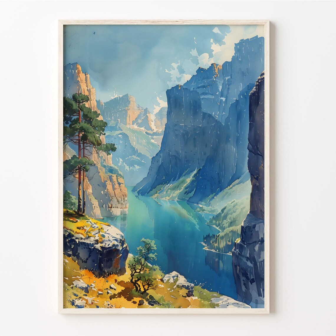 Norway Trolltunga Fjord Cliffs Scenic Watercolor Travel Poster