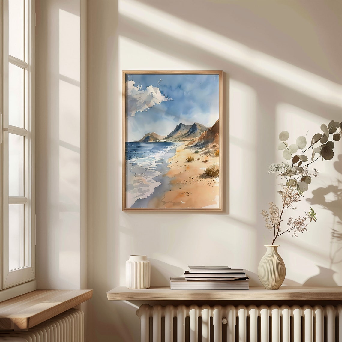 Lanzarote Beach Watercolor Poster Volcanic Shore Waves Peaks Blue - Image 4