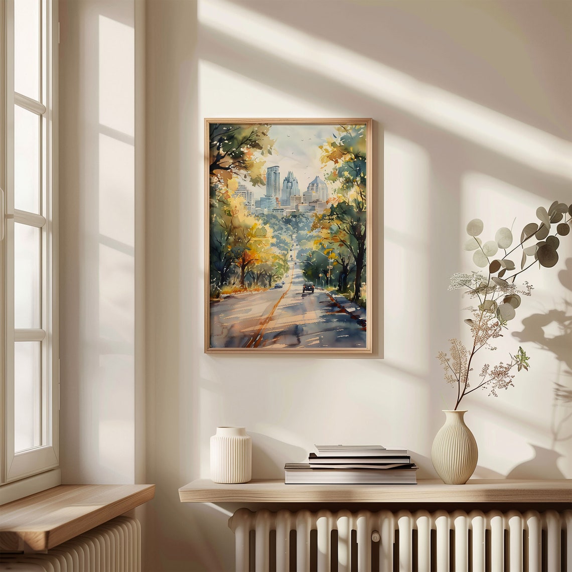 Austin Texas Skyline Watercolor Poster Tree Lined Downtown Road - Image 4
