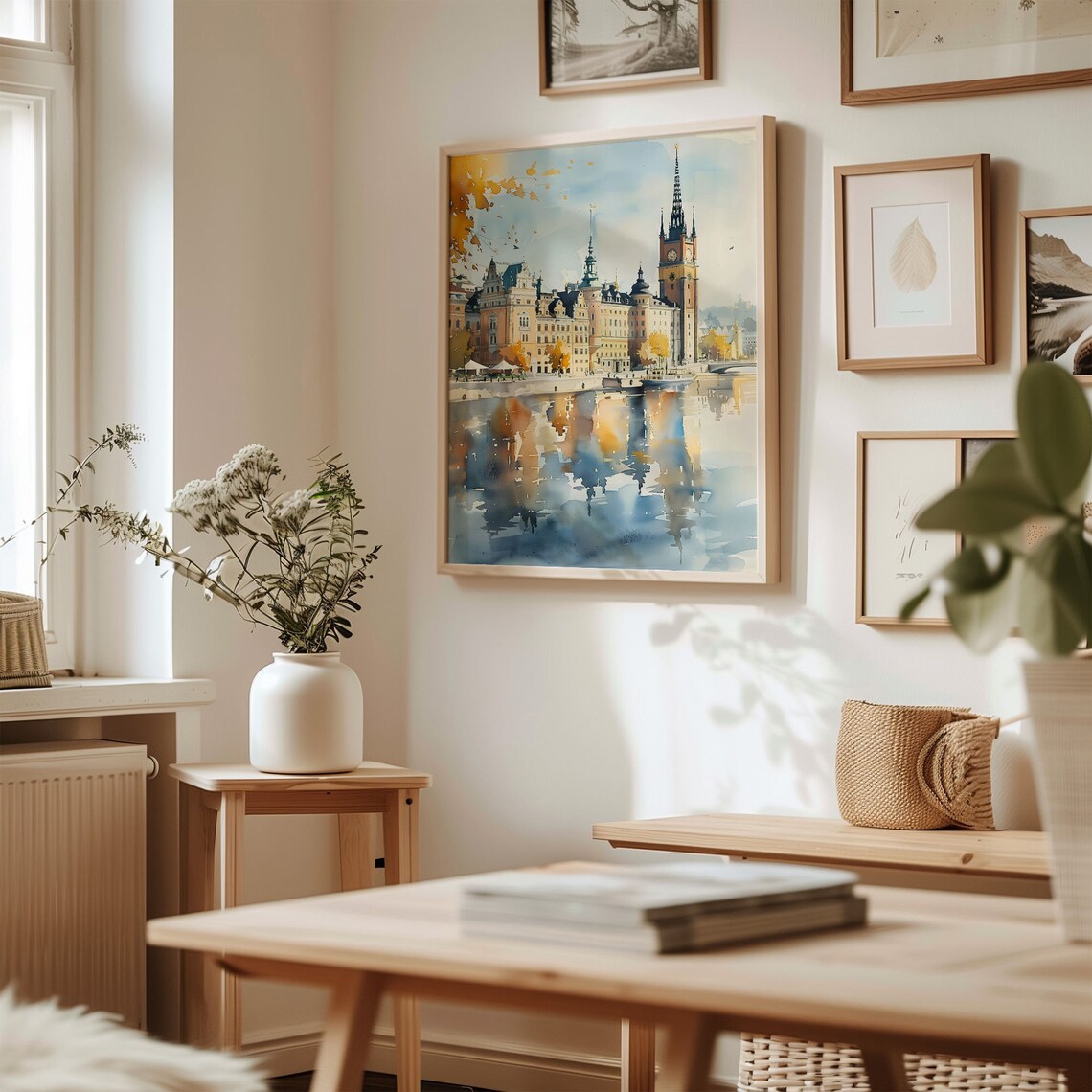 Stockholm City Hall Waterfront Sweden Reflections Watercolor Poster - Image 3